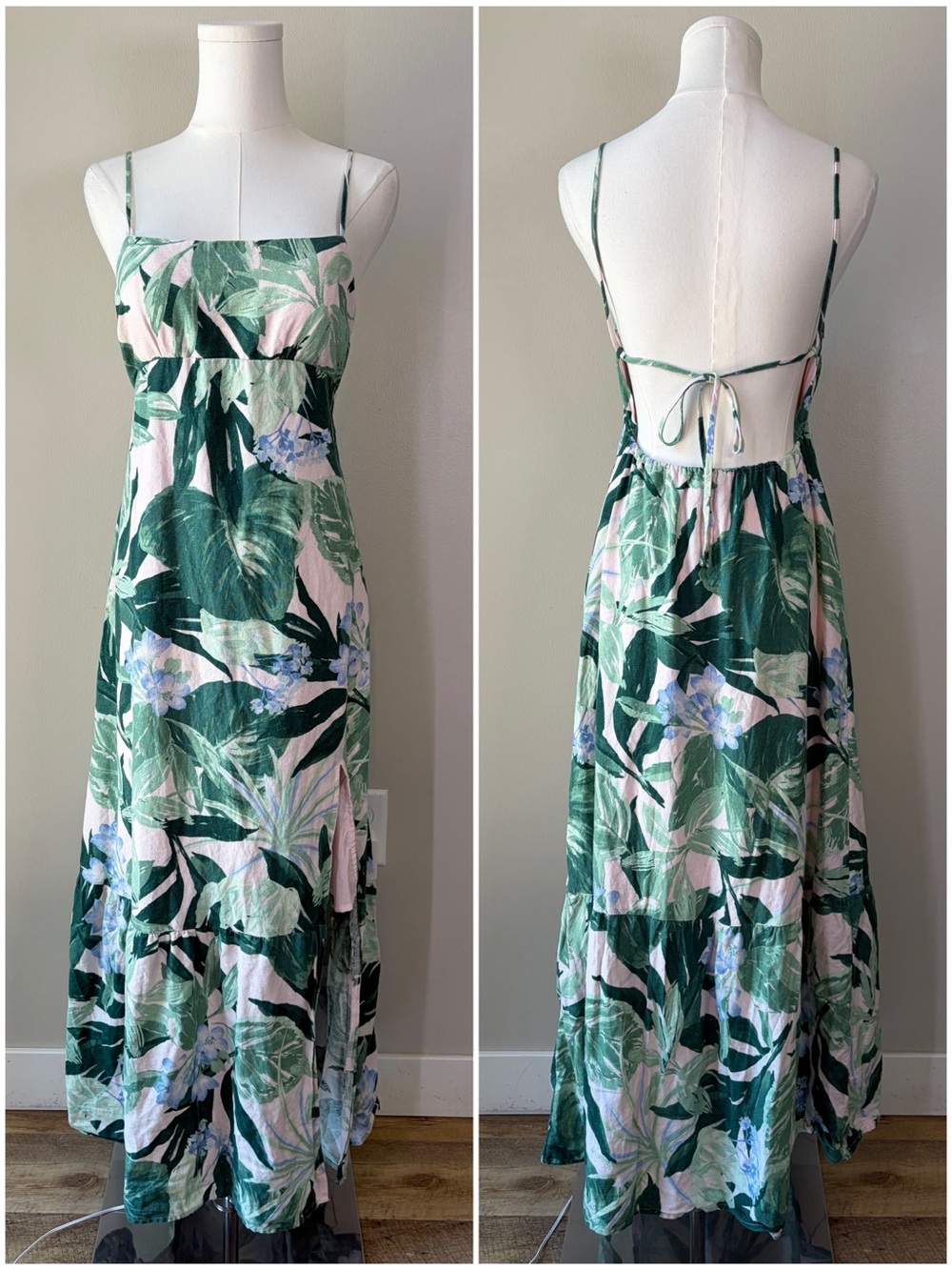 Hollister Linen Blend Tropical Palm Tree Patterned Open Back Maxi Dress